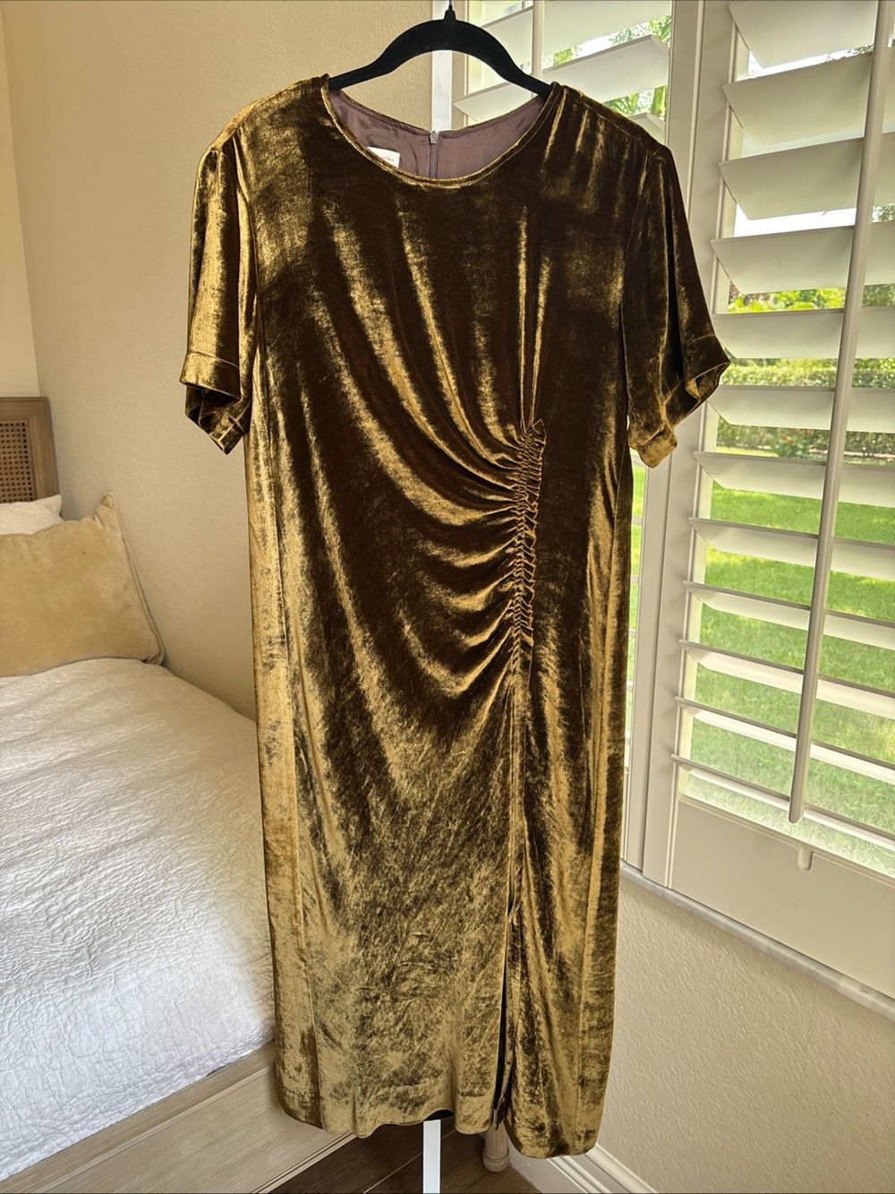 Dries Van Noten Gold Chartreuse Crushed Silk-Velvet Ruched Midi Dress US 8